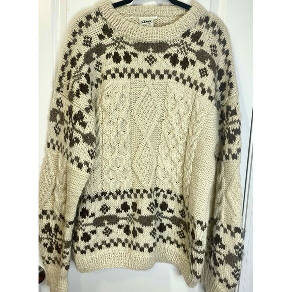 Alma Other - Gorgeous Vintage Alma Fair Isle Wool Cable Knit Cream Sweater Fisherman Large